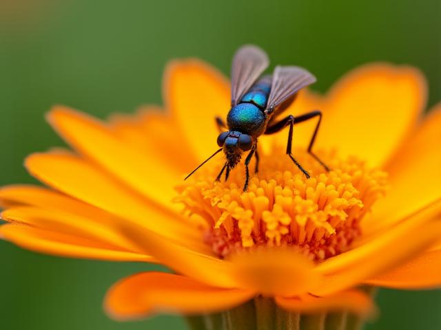 色鮮やかな花にとまる昆虫のマクロ撮影